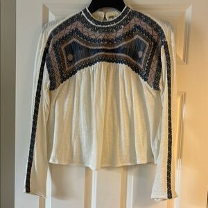 Free People Embroidered Long Sleeve Top - Cream, Blue size small
